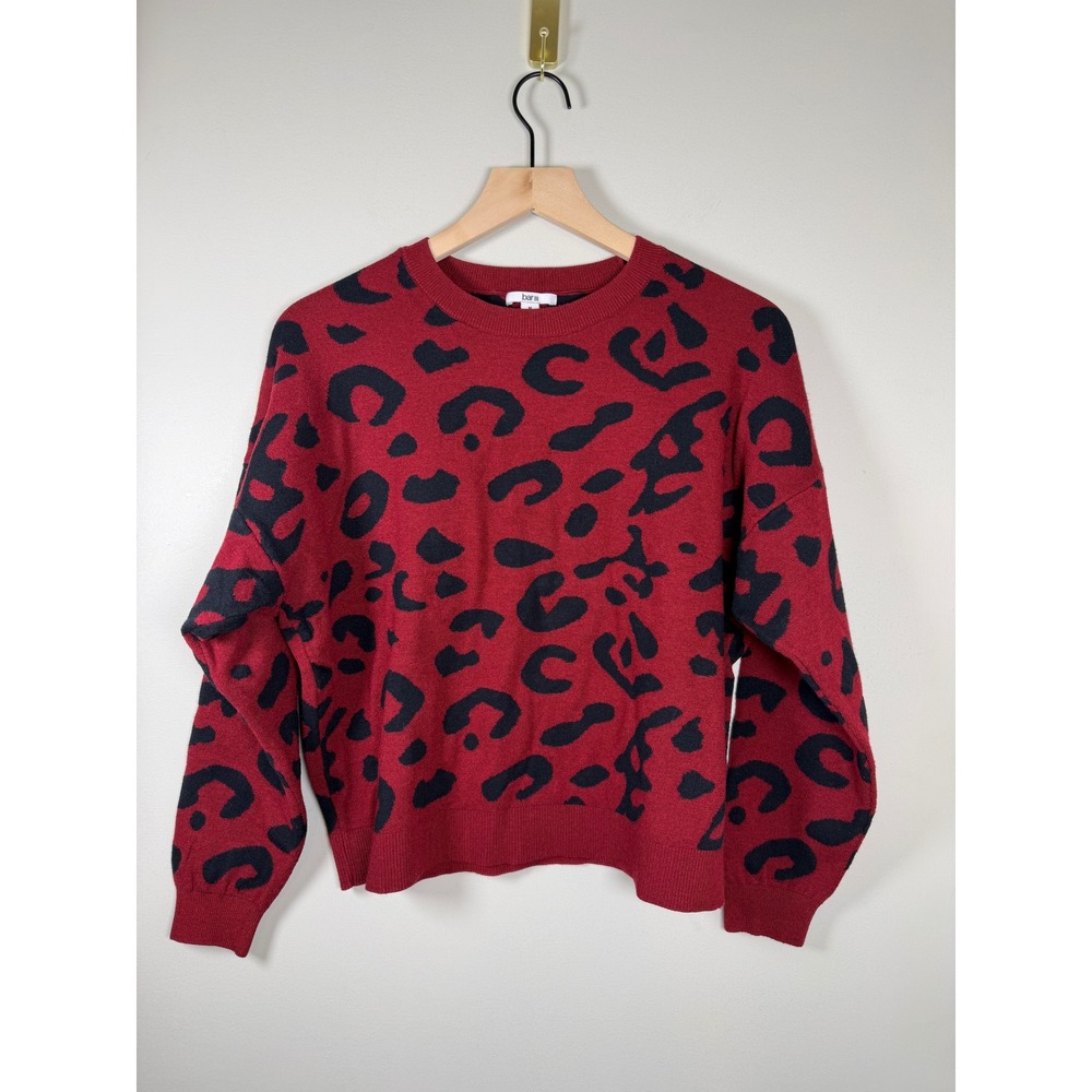 Bar III Leopard Print Sweater Women Medium Red Black Drop Shoulder Crew Neck Lux